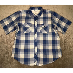 Orvis Short Sleeve Mens Shirt XXL White Blue Plaid Blue Button 100% Polyester